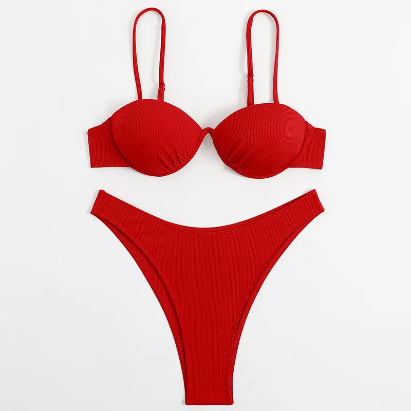 Conjunto de bikini con realce para mujer, traje de baño sexy de dos piezas con Tanga de cintura alta, color rojo sólido