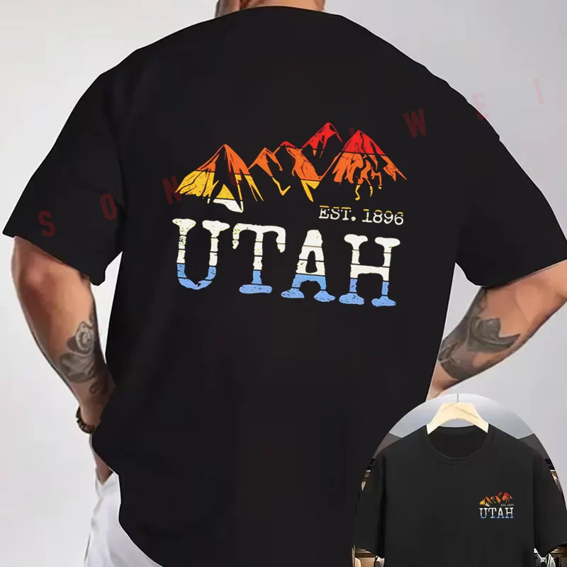 UTAH United States Utah Mountain Creative Motorcycle Double-Sided Print T-Shirt Summer Men Short Sleeve O-neck Casual Tops Tee