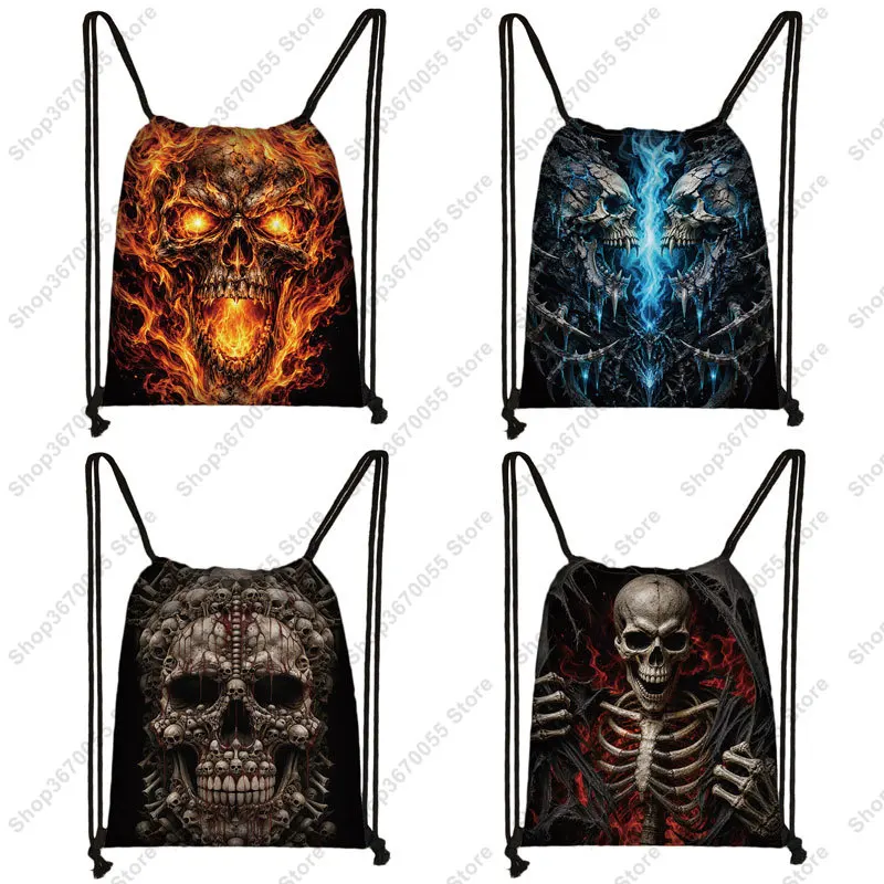 Horror Flaming Death Skull Backpack Dark Gothic Skeleton Women Men Drawstring Bags Outdoor Gym Storage Travel Bag Shoes Holder