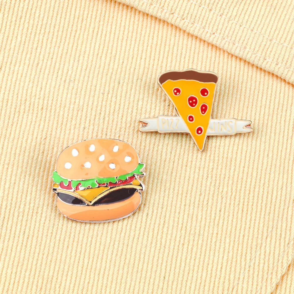 Cute Hamburger Pizza Enamel Pins High Quality Metal Food Brooches Men Women Clothes Lapel Pin Badges Jewelry Gift for Friend New