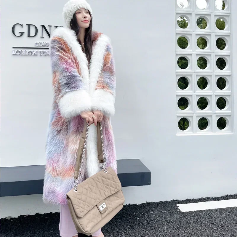 Dream Color Faux Fur Long Loose Chinese Ancient Color Fur Coat Women's Toka Coat Hooded Cape X-Long Streetwear Faux Fur Coat