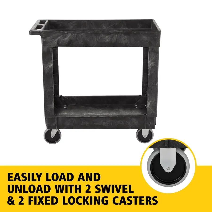 2Shelf Utility Service Cart, Medium, Black, Lipped Shelves, Ergonomic Handle, 500 lbs. Capacity, for Warehouse Garage Cleaning M