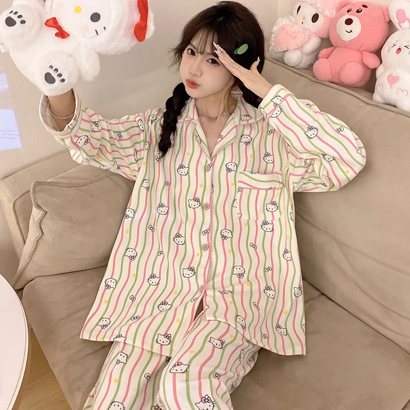 

Сексуальный пижамный комплект Sanrio Girl из шерстяной ткани с откидным воротником Kawaii Hello Kitty Comic, осенне-зимний модный кардиган, одежда для отдыха