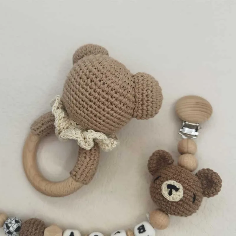 Chocalho do bebê crochê urso mordedor chocalho com sinos chupeta corrente recém-nascido montessori brinquedo educativo anéis de madeira brinquedos do bebê