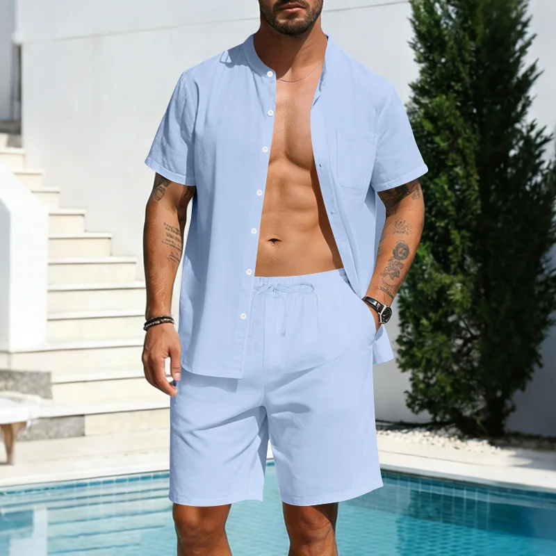 

Summer Men's Two-Piece Set | Linen Stand Collar Button-Up Short Sleeve Shirt & Casual Beach Shorts (Multiple Colors)