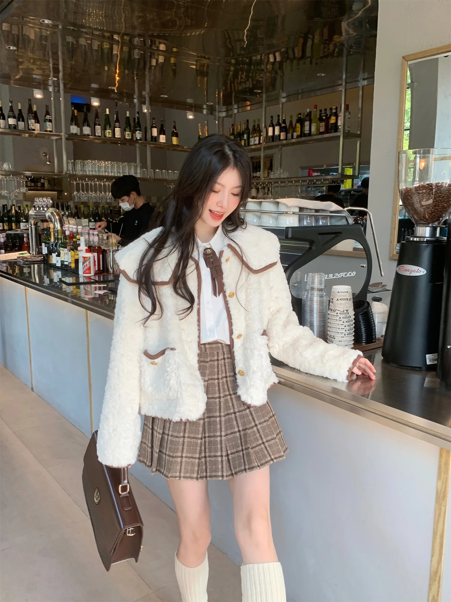 LXLILIUM Klara Sweet Heart Navy Collar Color Blo Fur Leather Jaet Dames top Winter Faion Premium dameskleding