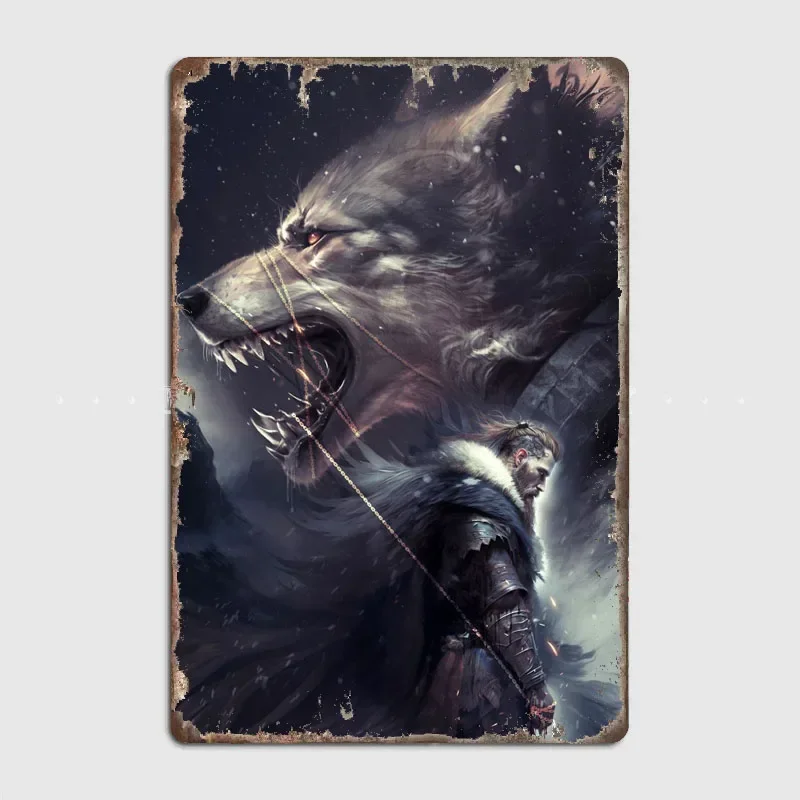 Norse Mythology Illustrated Fenrir and the god Tyr Metal Poster Room Wall Decor Cinema Living Custom