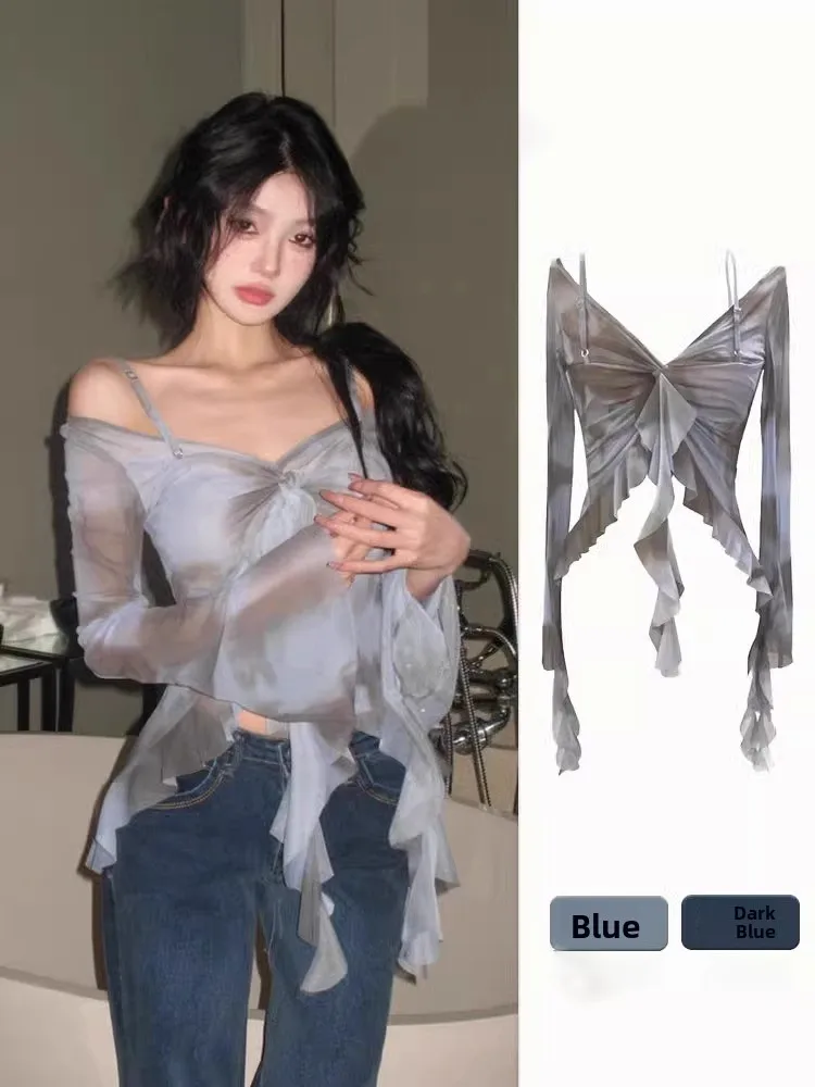 

Tie-Dye Mesh Long Sleeve Shoulder Bared V-Neck Halter Shirt Women Summer Unique Beautiful Waist-Cut Pure Desire Spicy Top