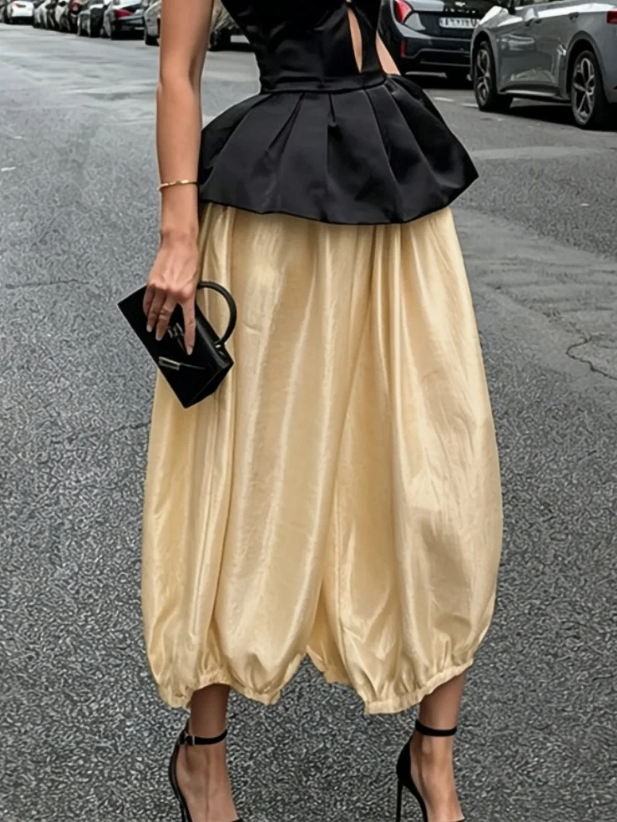 Women's Shiny Satin Solid Loose Fit Lantern Pants Elastic Waist Trousers Casual High Waist Commute Puffy Balloon Streetwear
