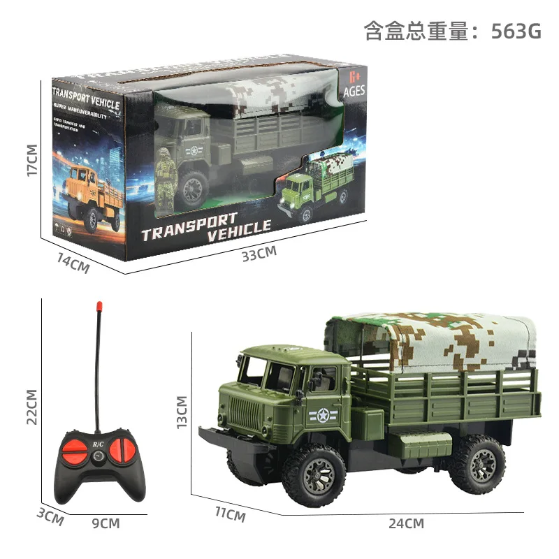 Tenda de caminhão modelo militar com controle remoto sem fio de quatro rodas para crianças destacável com brinquedo modelo de veículo de transporte leve