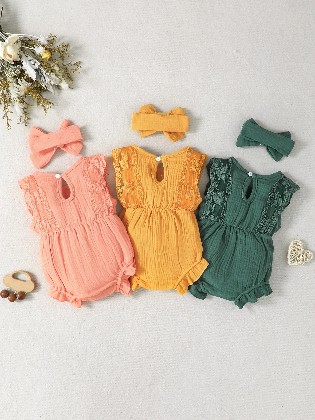 Baby Girl Pure Color Ruffle Onesie Set 3 Pieces + 3 Hairbands Casual Versatile Cute Romper Outfit