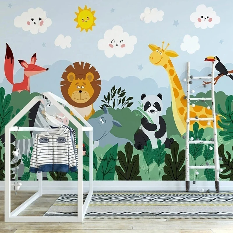 Custom Mural Nordic Ins Hand-Painted Cartoon Cute Forest Animals Wallpaper for Kids Room Personalized Wall Art Decor Background