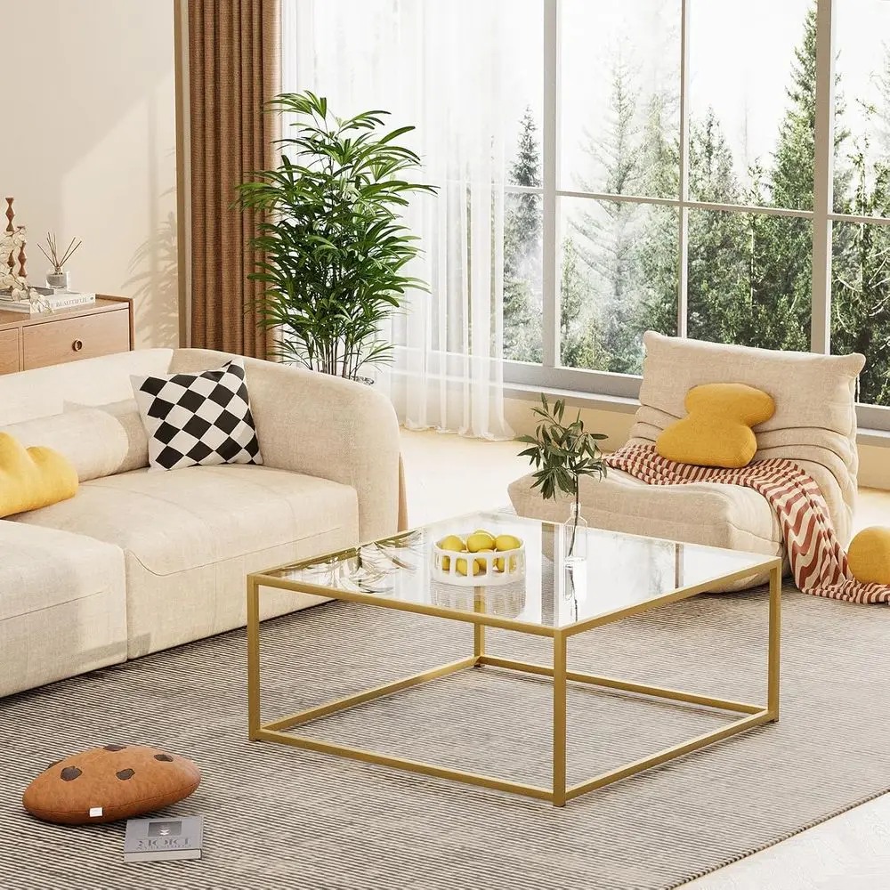 Compact Modern Gold & Clear Glass Coffee Table for Small Living Rooms, Easy Assembly, 26 Square