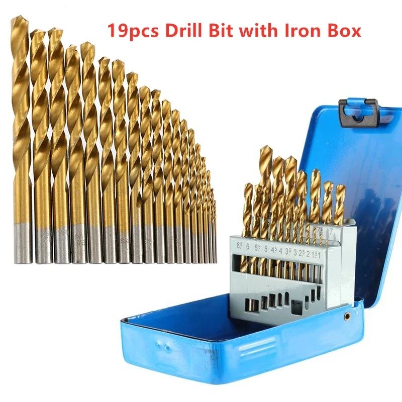 19/25pcs Straight Shank Twist Drill Set with Iron Box Straight Shank  Quality Wood Work Metal Titanium Plated Drill Bit