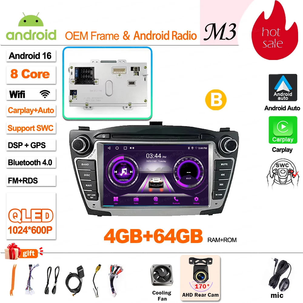 Android 16 Carplay voor Hyundai IX35 Tucson 2 LM 2009 - 2015 autoradio multimediaspeler QLED scherm GPS navigatie WiFi 5G