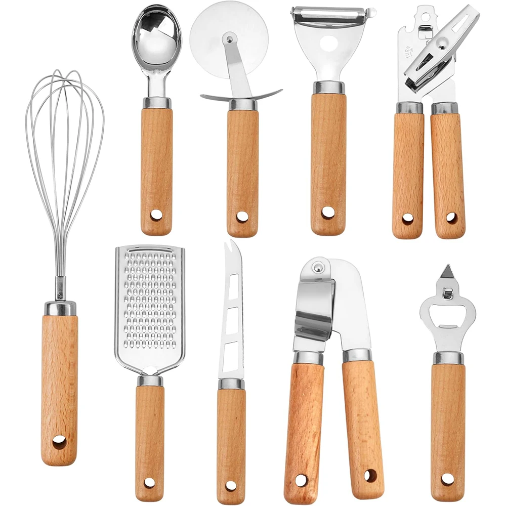 LMETJMA Küchenhelfer-Set aus Edelstahl, Western-Kochutensilienwerkzeug mit Holzgriff im Lieferumfang enthalten, Pizzaschneider, Knoblauchpresse
