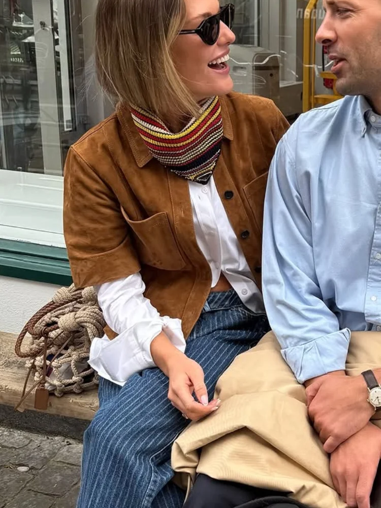 

Casual Short Sleeve Suede Jacket Women Fashion Lapel Single Breasted Pocket Loose Coat Lady Daily Fall Commuting Street Outwear