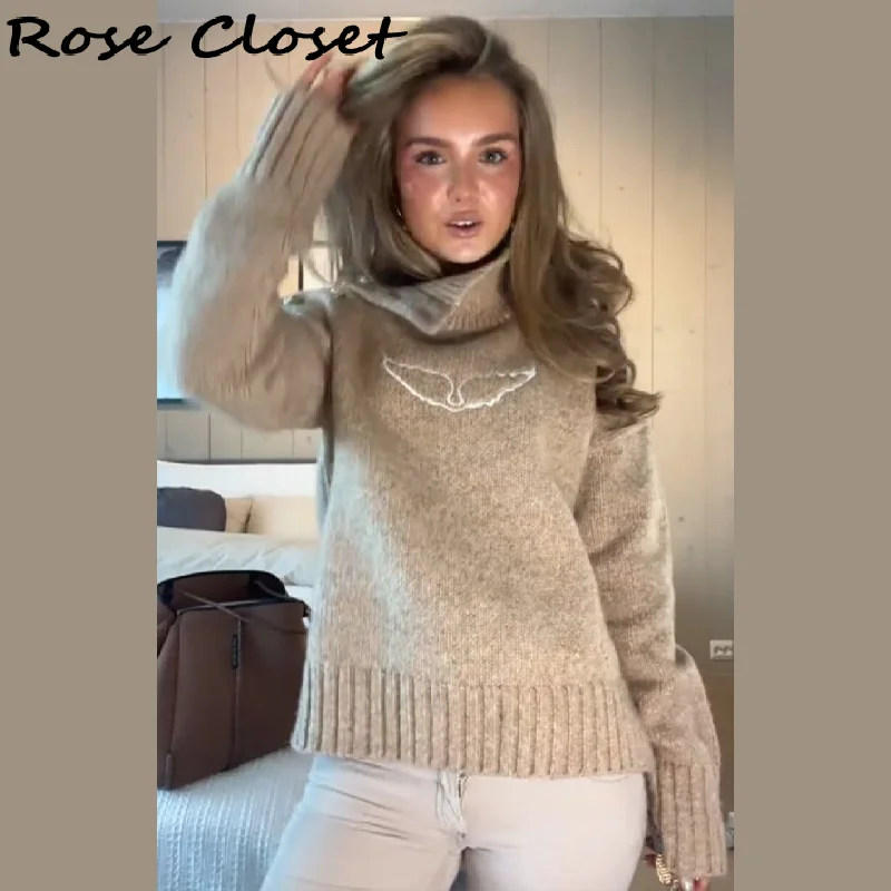 

High Collar Women's Sweater Wing Printted Pullovers Fashion Button Long Sleeve Comfort Top 2025 NEW Casual Autumn Lady Sweaters