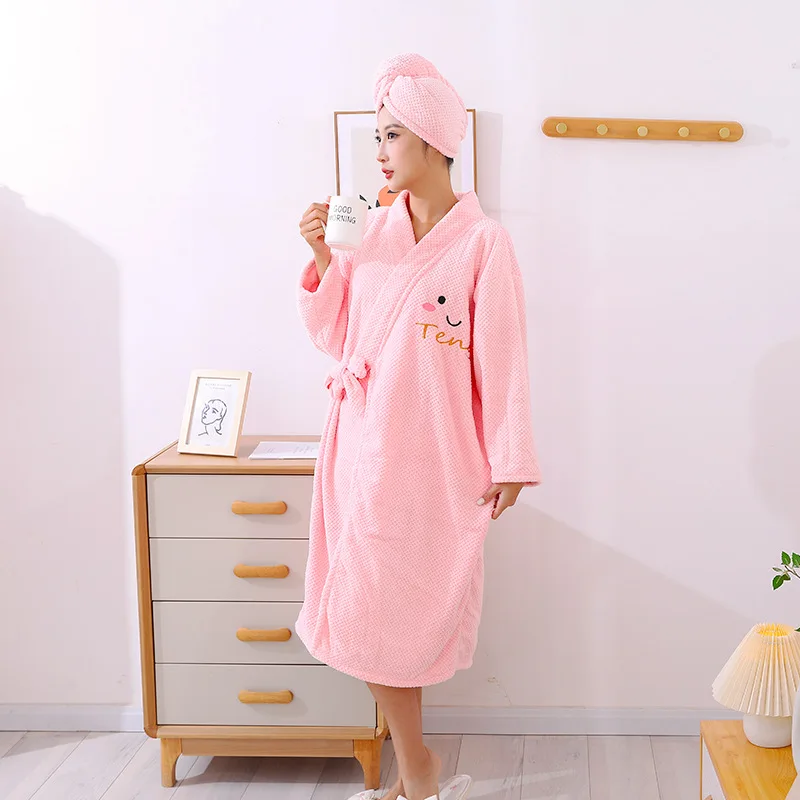 Winter Thickened Coral Fleece Robe Women's Towel Bathrobe with Cross Belt Long Sleeve Hair Drying Cap Home Comfortable Gown