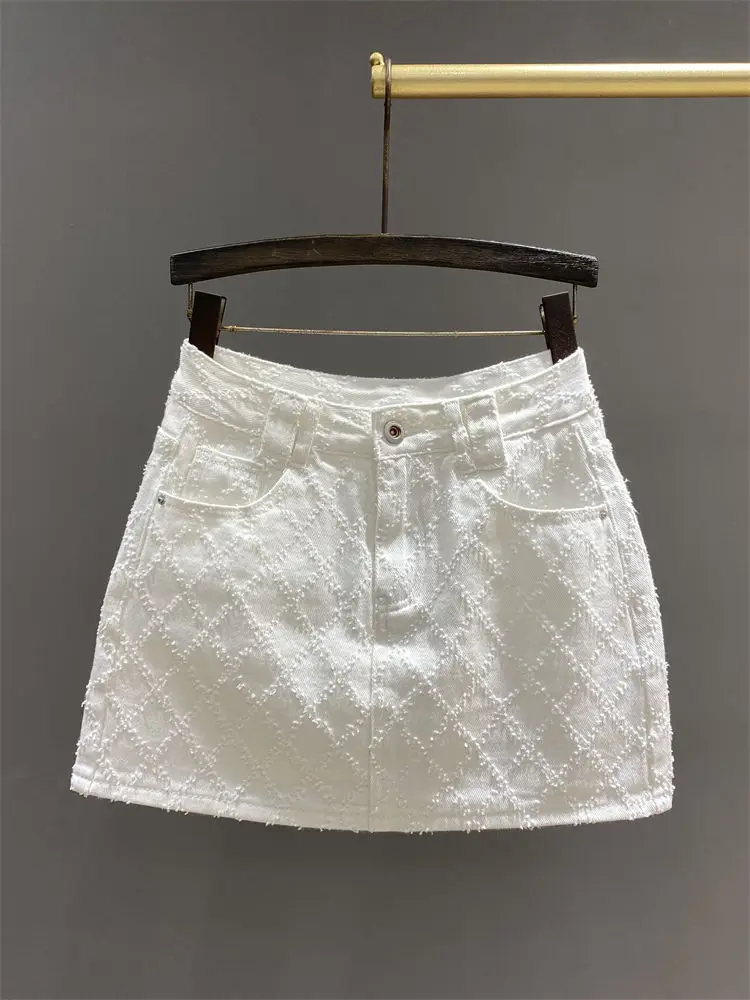 Summer New Diamond Plaid White Denim Skirt Women's High Waist Slimming A- line Anti-Exposure Hot Girl Sheath Skirt