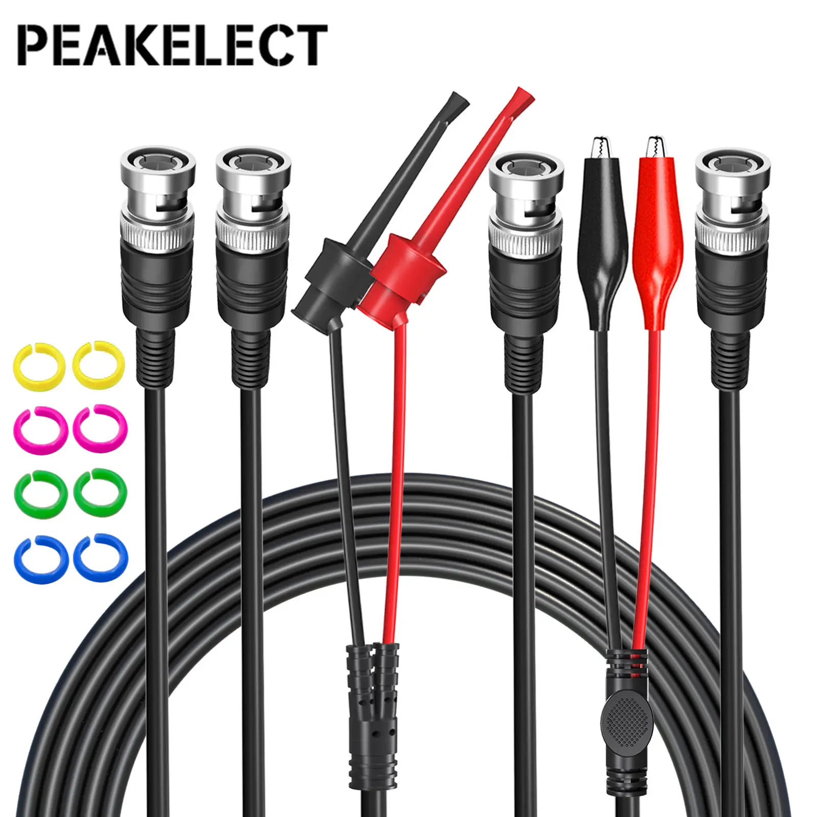 Peakelect P1260 3pcs/set BNC Coaxial Cable Test Lead Kit BNC to BNC & Alligator Clips &Test Hook Clip Test Lead with Color Rings