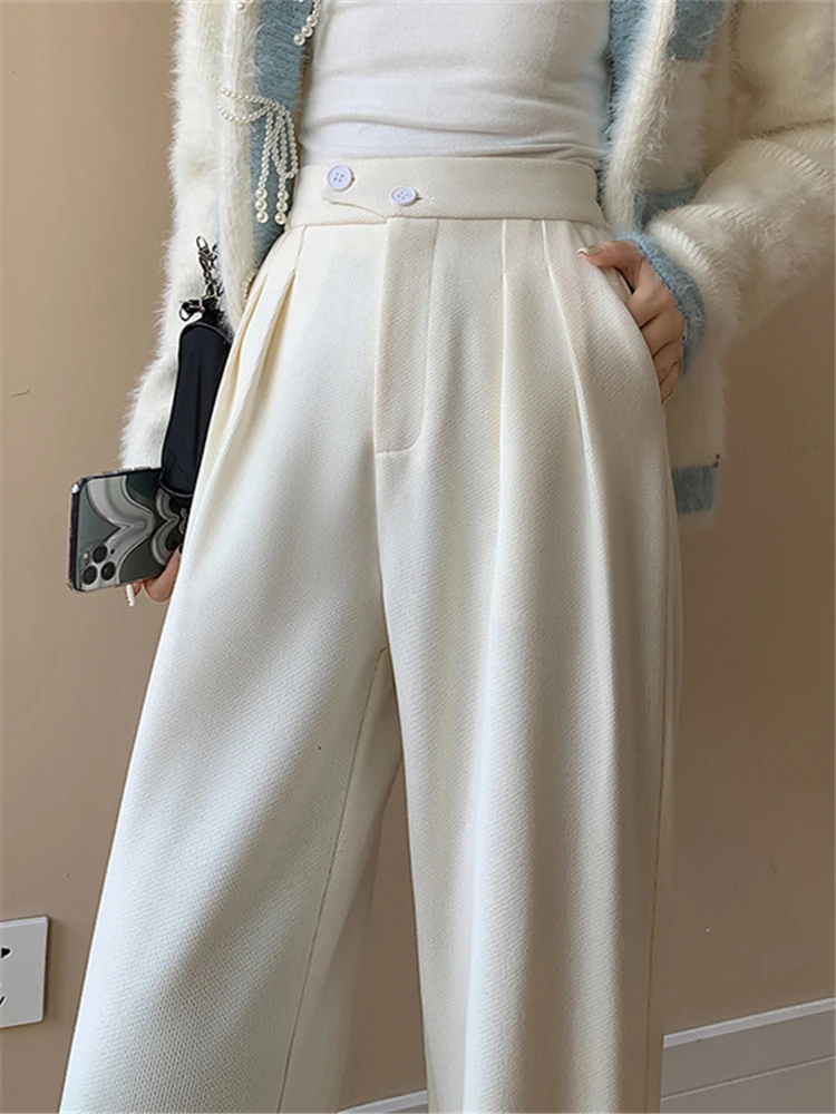 REALEFT Autumn Winter Women's Wide Legged Pants 2022 New Solid Buttons Elegant High Waist Casual Loose Lady Trousers Female