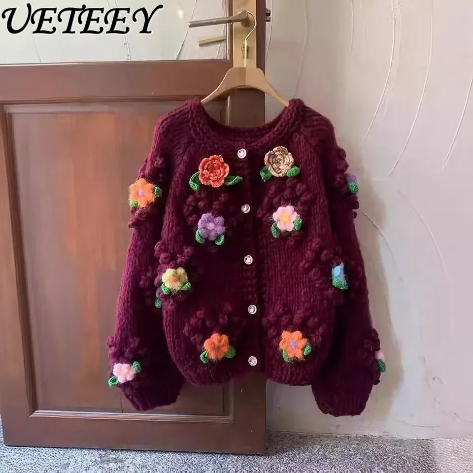 2025 Autumn Winter Thick Stick Needle Handmade Crochet Thickened Knitted Cardigan Sweet Flower Loose and Thin Sweater Jacket