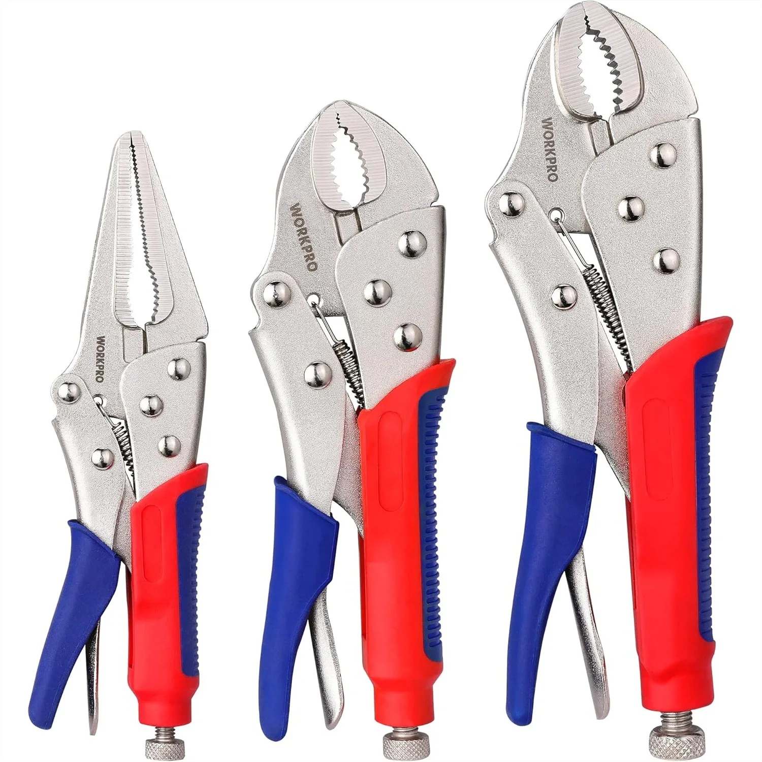 

3-Piece Jaw Locking Pliers Set with 10-Inch Curved Jaw, 7-Inch Curved Jaw, and 6-1/2-Inch Straight Jaw for Grip and Clamp