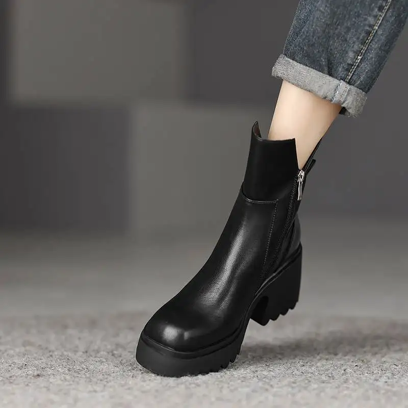 Krazing Pot Cow Leather Vintage Thick High Heels Square Toe Winter Warm Western Boots British Platform Office Lady Ankle Boots