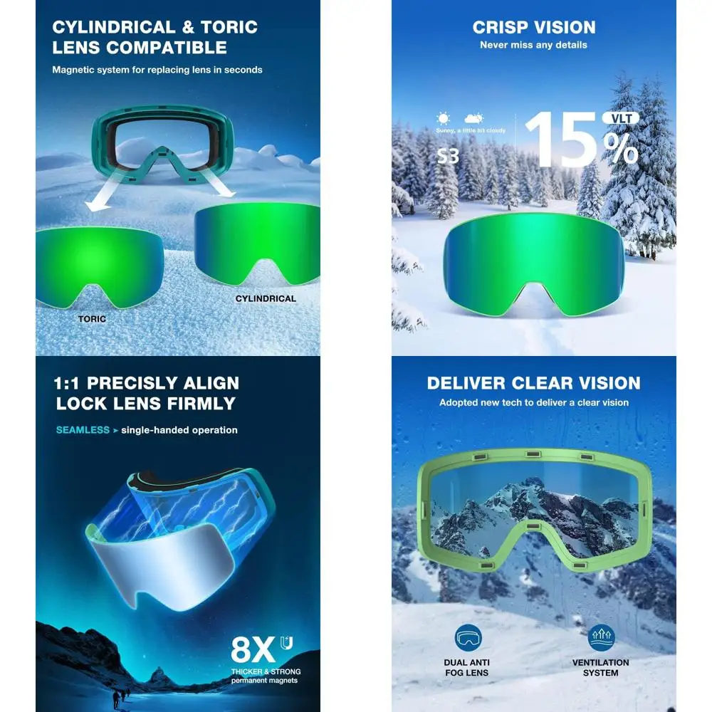 

Detachable Lens Ski Goggles for Men & Women, 100% OTG Snow Goggles, Adult Use