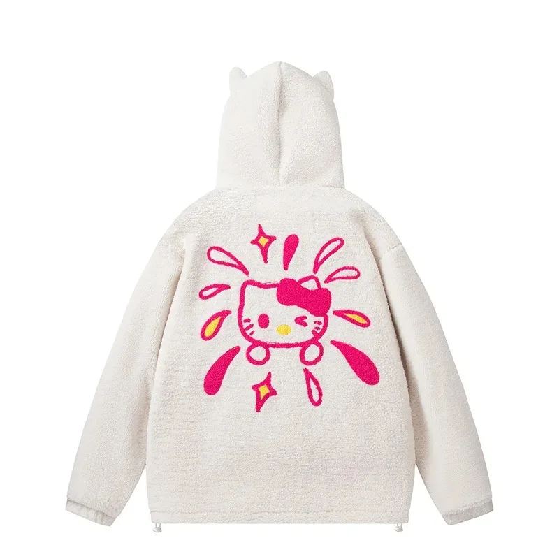 Sanrio Hello Kitty Embroidery Hooded Cotton Lamb Fleece Coat Y2k Women Zipper Trend Jacket Women Winter Thick Warm Clothes Gift