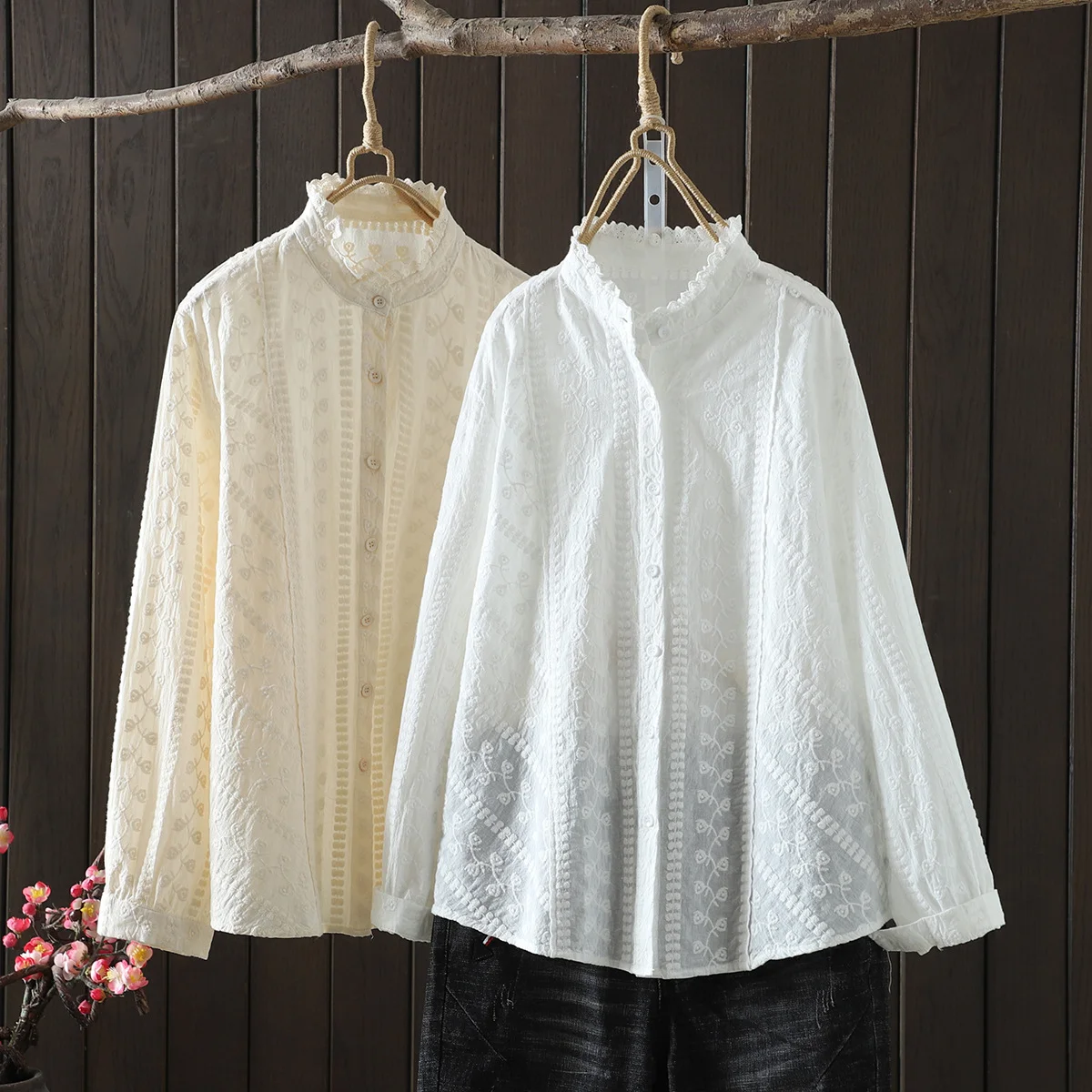 

100% Cotton Bohemian Tops for Women 2024 Stand Collar Embroidery Elegant Women's Blouses Boho Shirts Korean Popular Clothes