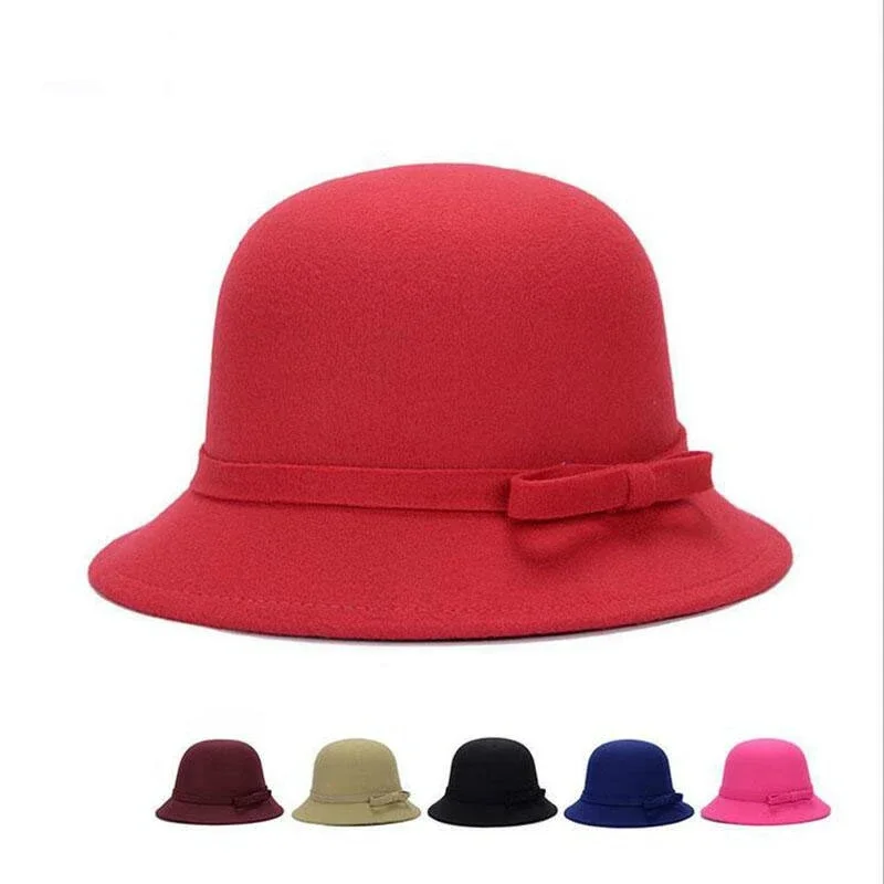 Women Felt Hat Bucket Hat, Adjustable Vintage Bowler Suede Wool Hat with Bowknot