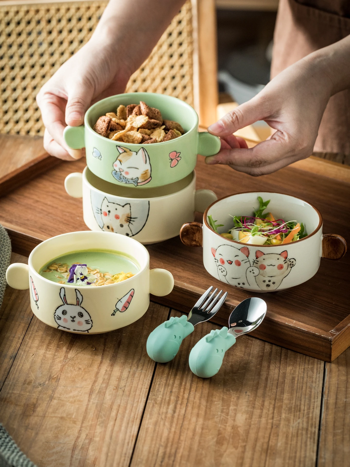 Ele Cerc Double Ear Bowl with Handle for Children Personal Use Porcelain Dinnerware Ideal for Breakfast And School Use