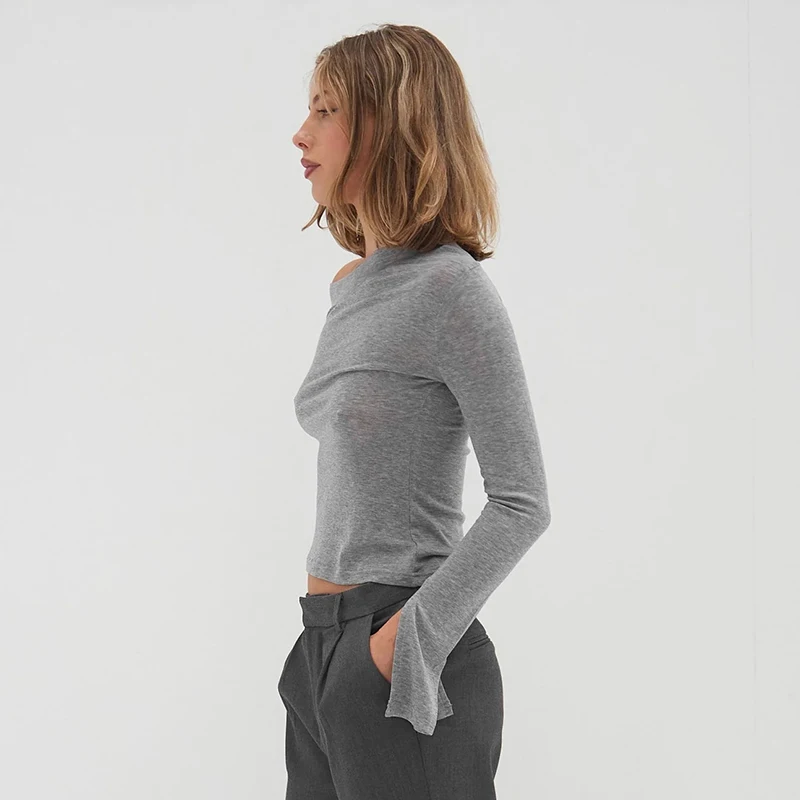 CUTENOVA Damen-Herbst-Neuankömmling, vielseitiges, einfarbiges, schulterfreies, langärmliges, schlitzes, tailliertes, schmal geschnittenes T-Shirt, lässiges Oberteil