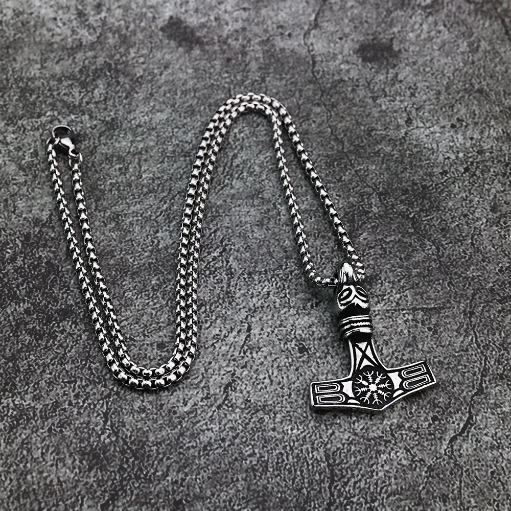 Viking Necklace European and American Vintage Stainless Steel Thor Hammer Men\'s Pendant Punk Personalized Jewelry