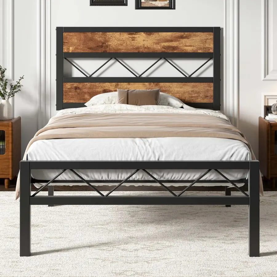 

Twin Size Bed Frame with Headboard, HeavyDuty Platform Bedframe with Metal Slats Support, No Box Spring Needed, Easy Assembly, B