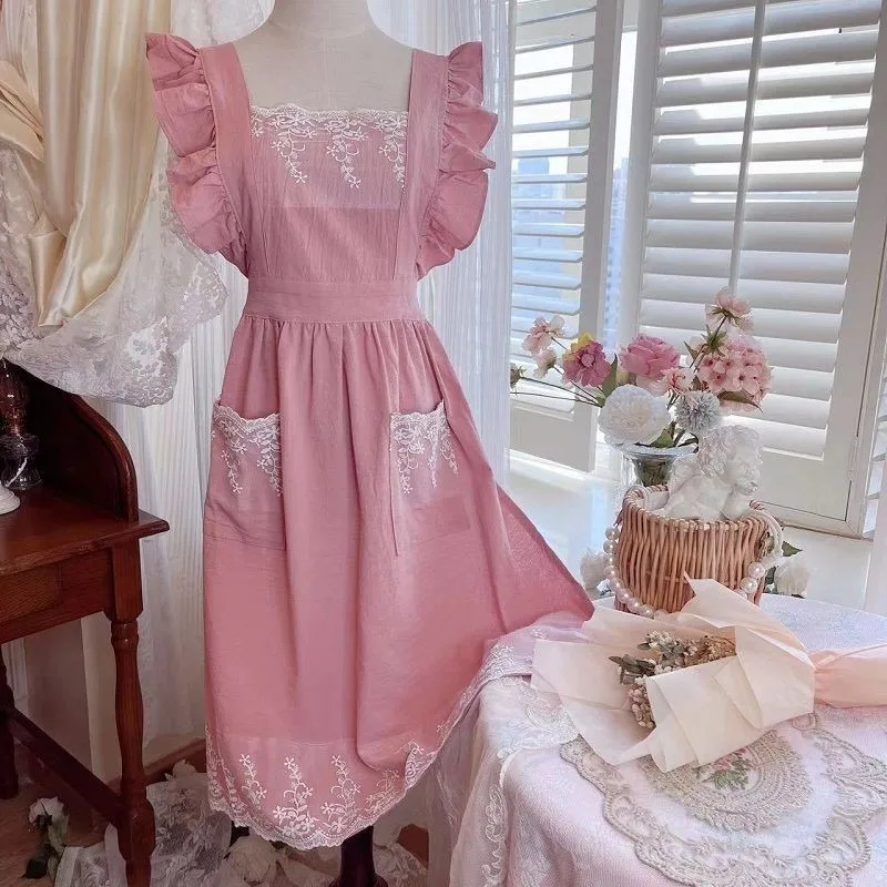 Pure Cotton Korean Princess Apron Beautiful Floral Nail Art  Strap Baking Lace Sleeveless Custom Print Essential