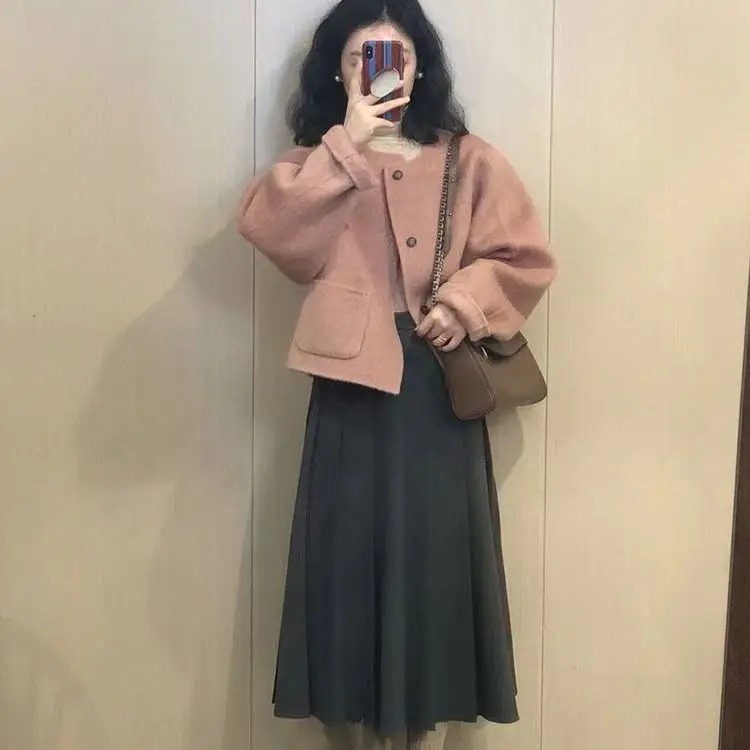 Autumn and Winter New Milk Style Outfit Stunning Milk Fragrance Pink Jacket Half Skirt Two-piece Set