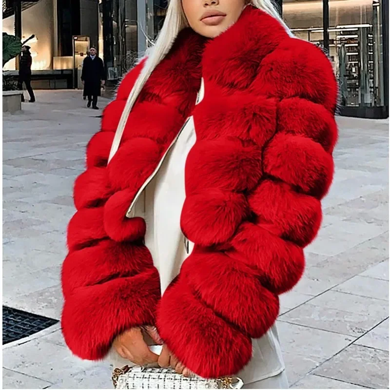 Short Lapel Faux Fox Fur Long-sleeved Patchwork Women Light Luxury Furry Warm Coat New Faux Fur Coats for Autumn Winter Fashion.