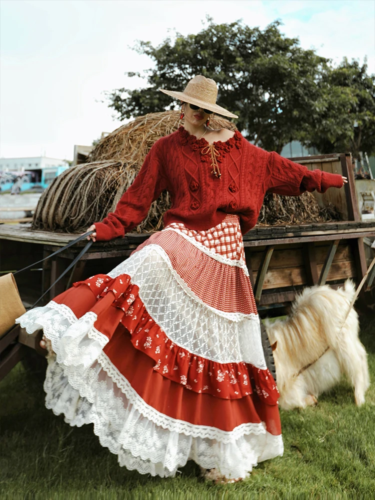 

62-80cm Waist Spring Fall Maxi Skirts Women Vintage Elegant French Countryside Lace Plaid Printed Patchwork Ruffles Cake Skirts