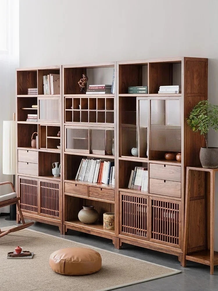 

Solid wood bookcase New Chinese style old elm bookshelf Living room whole wall display cabinet Study home locker