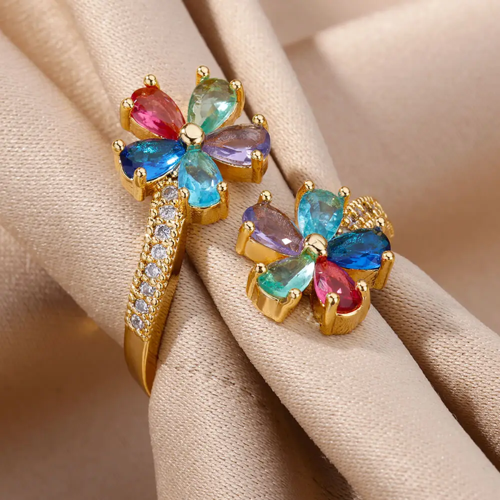 Flower Rings for Women Zircon Opening Stainless Steel Ring 2024 Trend New Wedding Engagement Jewelry Freeshipping Items anillos