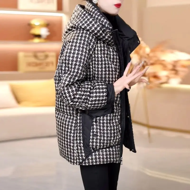 Women's Autumn Winter Top Coat Cotton Coat Houndstooth Middle-aged and Elderly Retro Simple Comfortable Casual Soft Niche Skinny