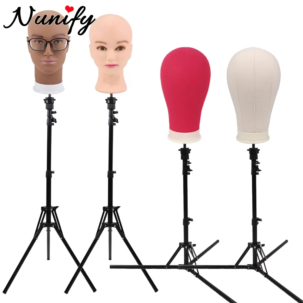 

21-25Inch Canvas Head Male Training Head Female Bald Mannequin Head For Wig Making, Display Wigs Portable Foldable Tripod Stand