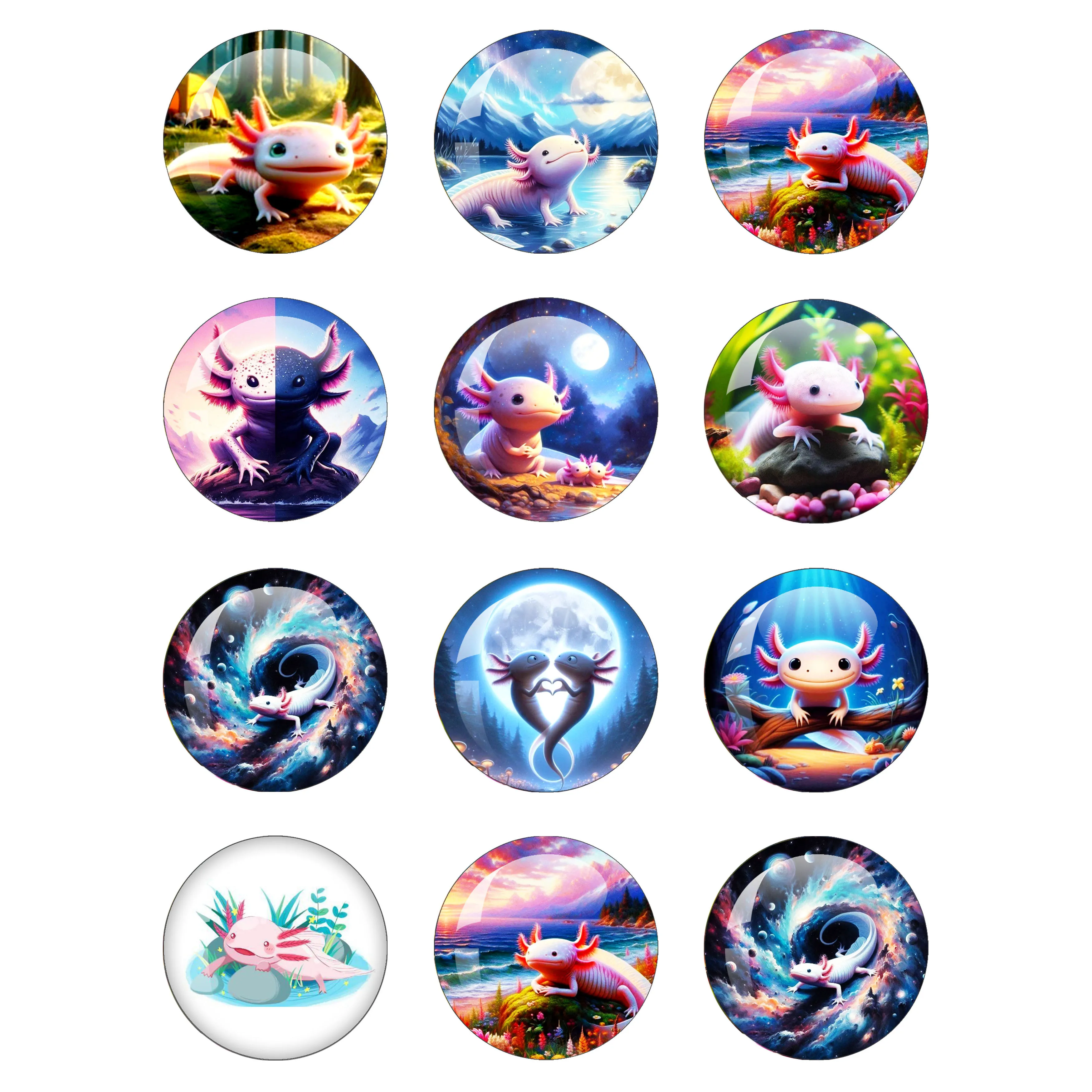 Cute Animals Axolotl Cartoon Art Pattern Glass Cabochon10mm-40mm Dome Photo Glass Cabochon Flat Back Making Findings Jewelry