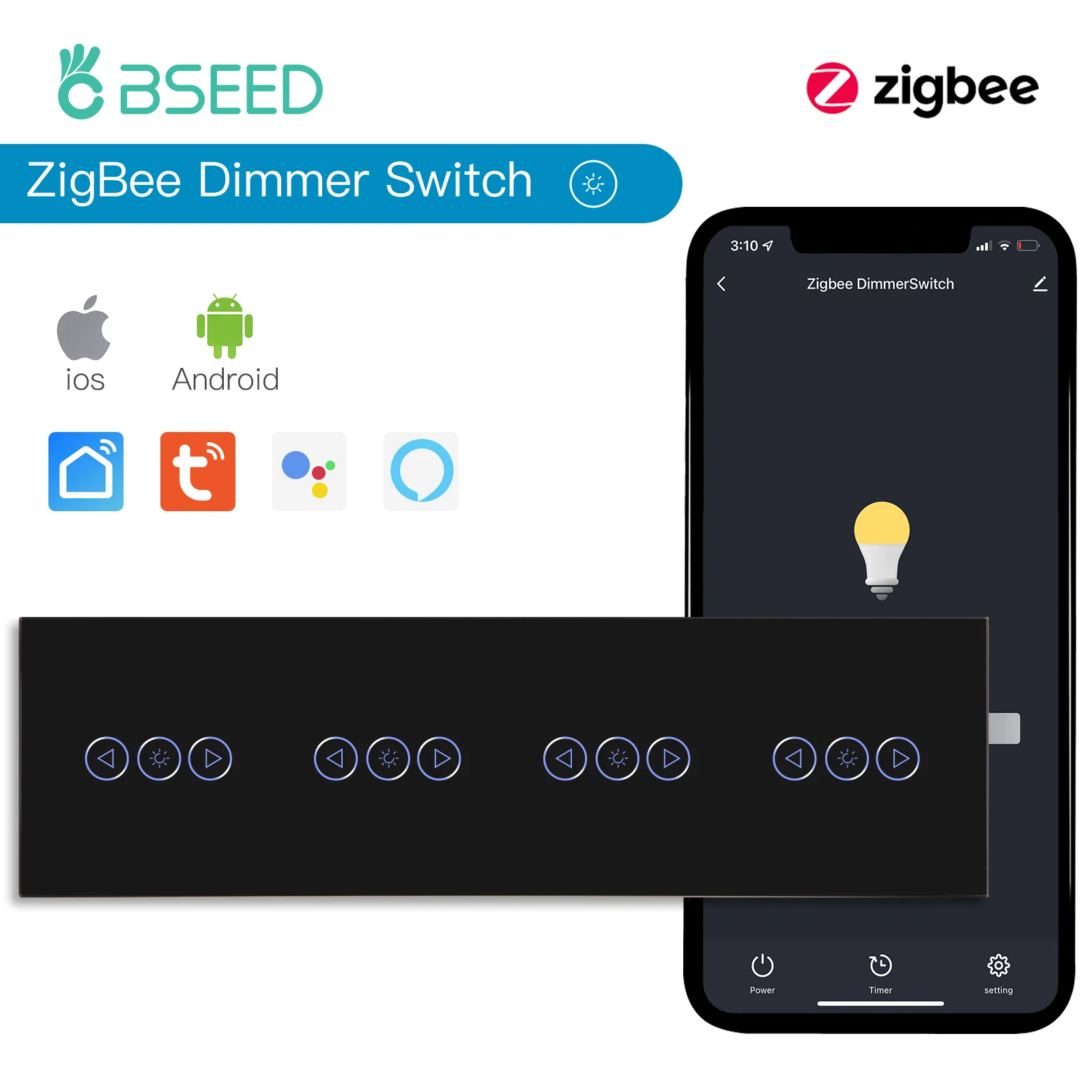 BSEED Zigbee dimmeren Tuya APP-bediening Smart LED dimbaar serie glas Google Alexa Smart Dimmer Touch-schakelaars Zwart