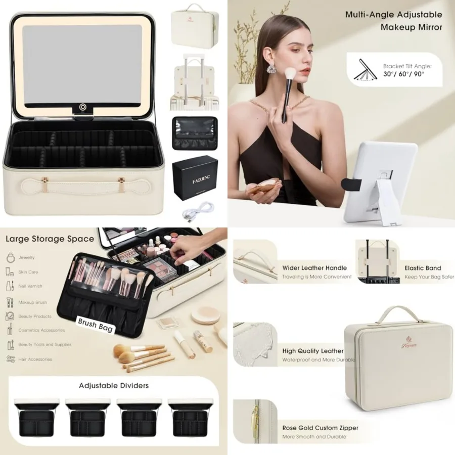 

Leather Makeup Case with LED Lighted Mirror Travel Makeup Bag Adjustable Brightness in 3 Colors Cosmetic Organizer Artist Stora