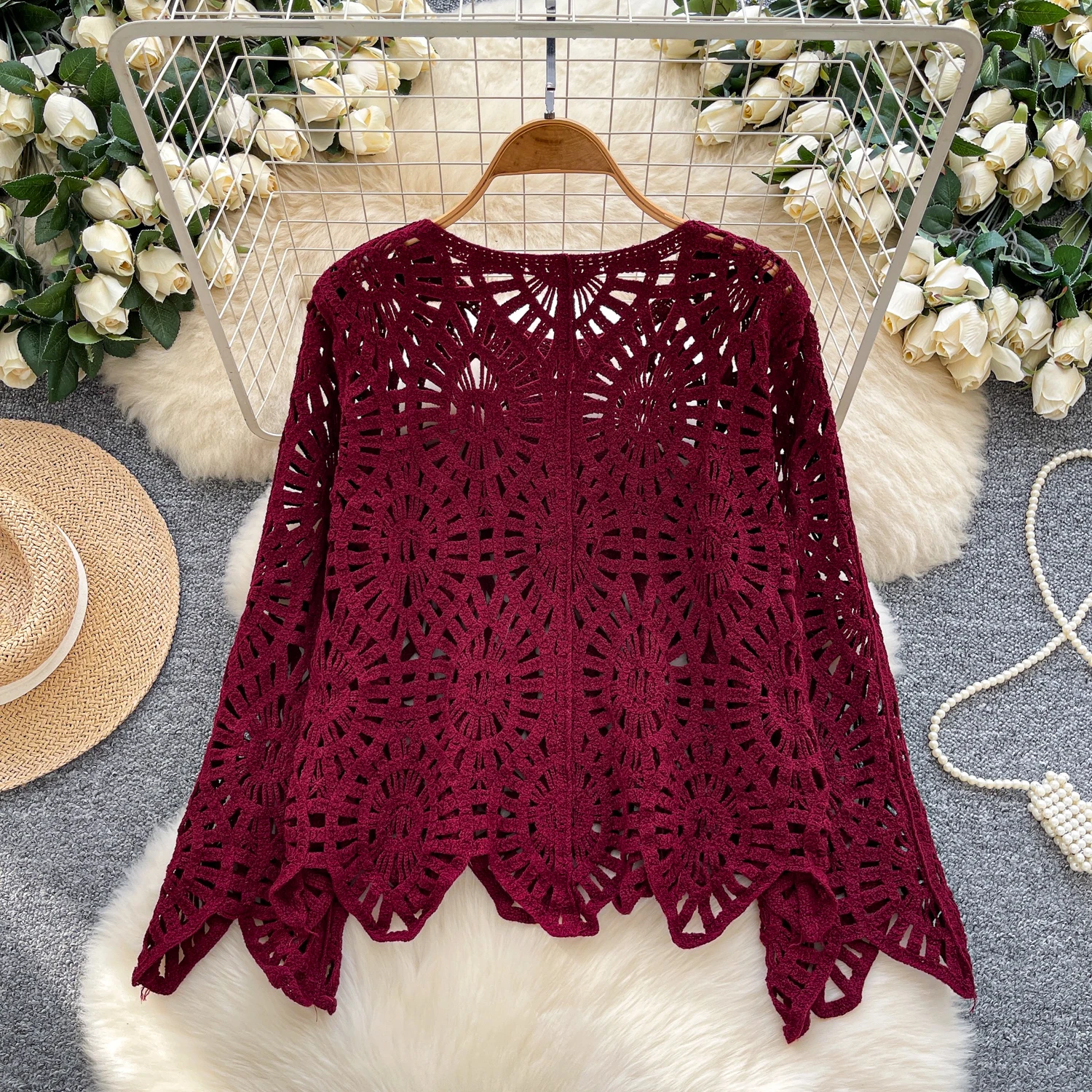 Boêmio oco crochê malha topos para mulher 2025 outono solto férias irregular praia cover-up topos