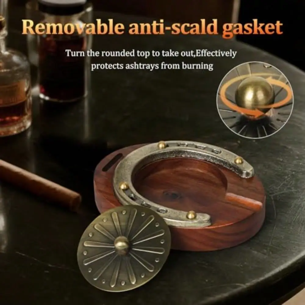 

Ashtray, Horseshoe Wooden Portable Ashtray With Cutter, Zinc Alloy AntiScald Gasket, Cigar Slot And Holder For Home, Office, Ba